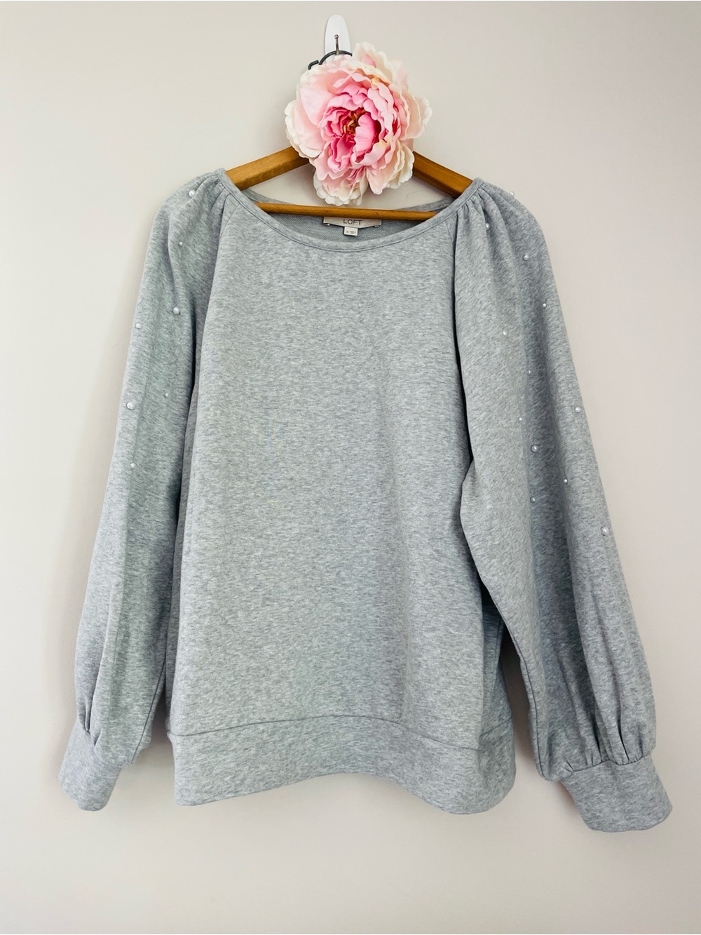 LOFT Light Heather Gray Pearl Embellished Balloon Sleeve Pullover Sweatshirt XL